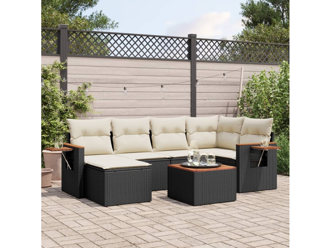 Conjunto de sofá de jardín de 7 piezas con cojines de mimbre negro de DKD Home Decor