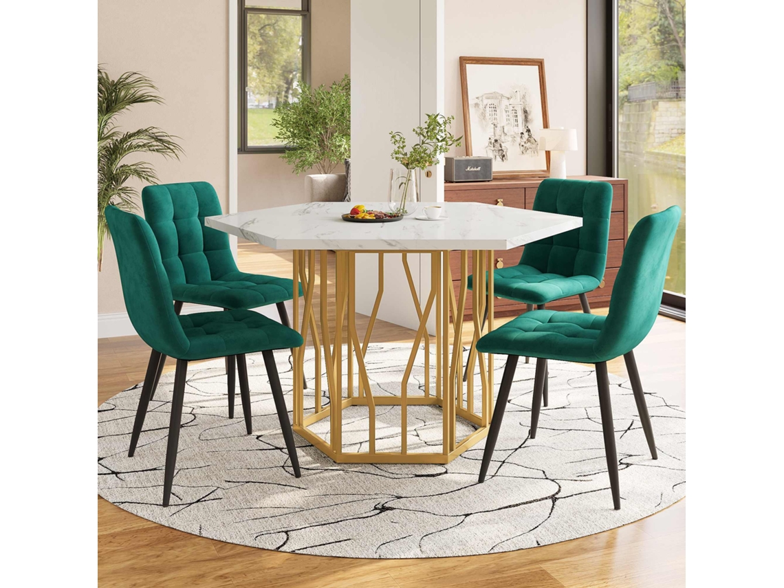 Juego de mesa y sillas de 5 piezas, mesa hexagonal moderna de mármol, 4 sillas de terciopelo verde, patas doradas, Mobrio