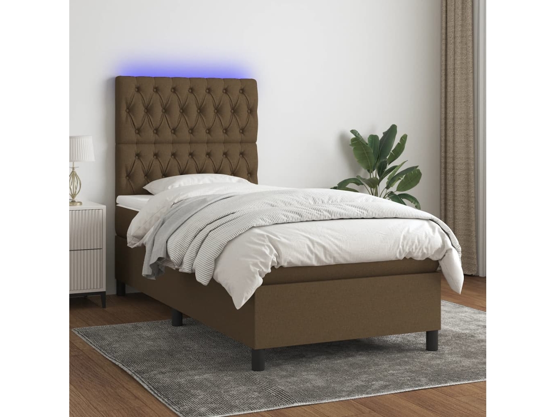 Cama Box Spring Colchón Luces Led Tela Marrón Oscuro 100x200cm