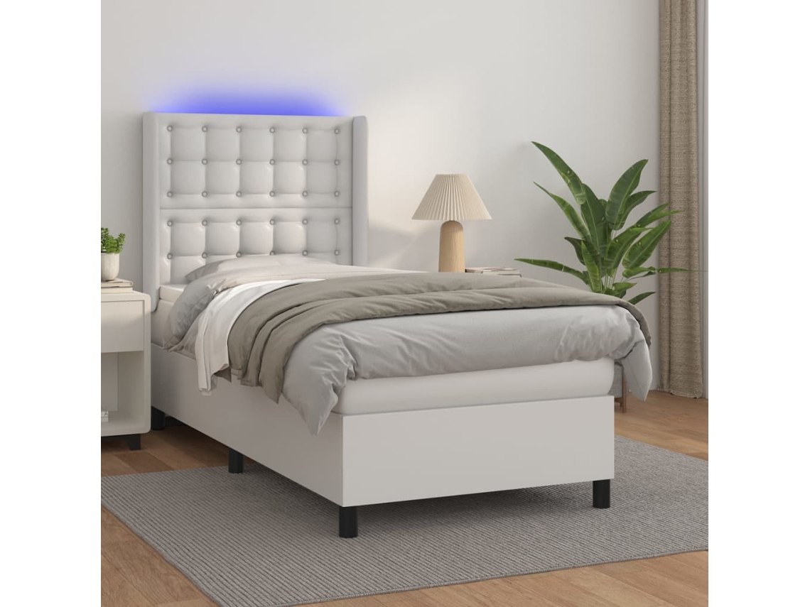 Cama Box Spring Y Colchón Led Cuero Sintético Blanco 90x200 Cm
