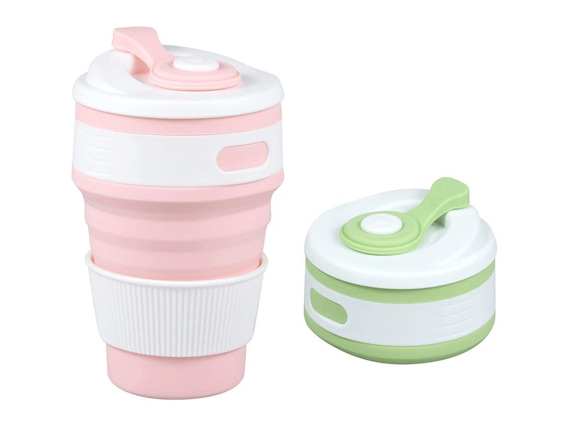 2 Vasos Plegables De Silicona 350ml Sin Bpa Reutilizables Con Tapa Ligero Estanca Para Viajes Verderosado