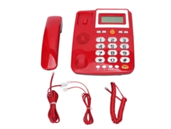Teléfono fijo con cable rojo, teclas grandes, altavoz HD, pantalla LCD con brillo ajustable y marcación con un solo botón.