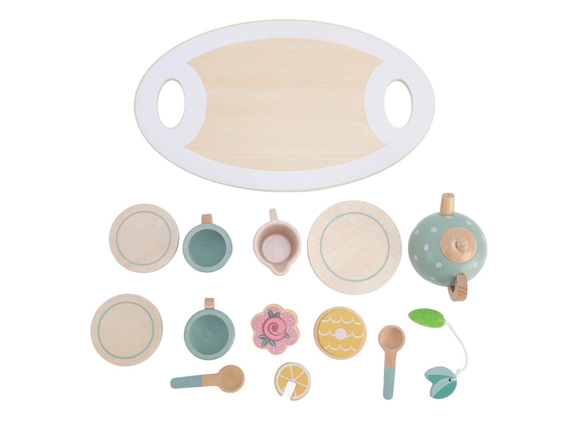 Juego De Té De Madera Para Niñas Con Tetera, Tazas, Cucharas Y Rodajas De Limón.