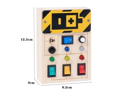 Juguete sensorial de madera con panel de control de luz LED.