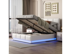 Cama Doble Tapizada De 140x200cm Con Luz Led Y Almacenamiento Bajo La Cama En Blanco