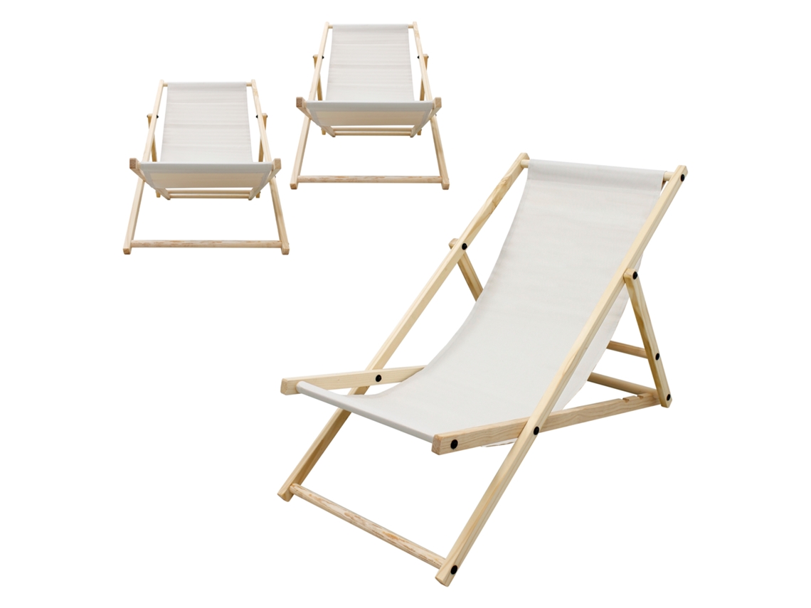 3x Sillas De Playa Ecd Germany Beige Madera De Pino Tejido Impermeable Carga Hasta 120kg