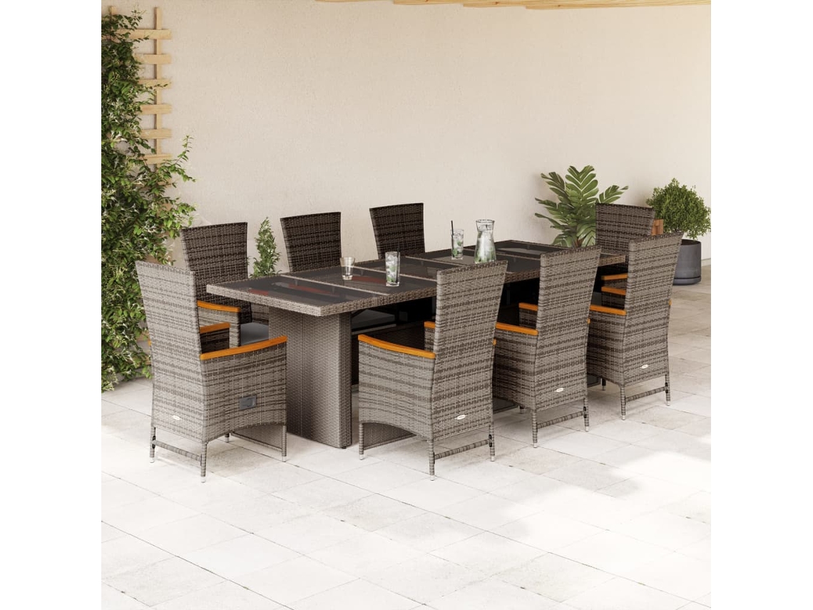 Juego de comedor de jardín de 9 piezas DKD Home Decor con cojines de mimbre gris
