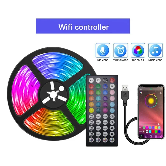(Controlador Wi-Fi de 15 metros) Tira LED USB, tira LED flexible con control remoto y control de aplicación.