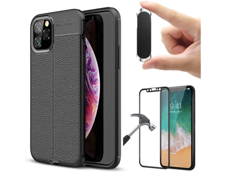 Carcasa + Protector + Soporte iPhone 11 Pro Max Rugged Leather Negro