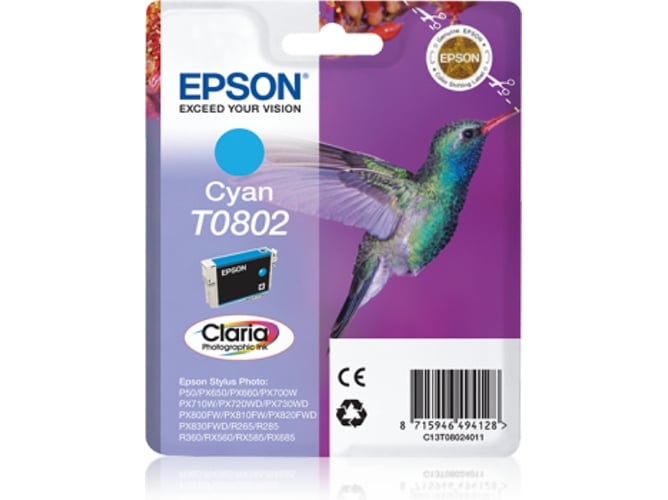 Cartucho de tinta original EPSON T0802, Colibrí 7,4 ml , Cian, C13T08024011