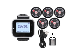 Sistema de buscapersonas inalámbrico con 1 receptor de reloj recargable y 5 buscapersonas para restaurantes, hospitales y oficinas. Enchufe británico de 100 a 240 V.