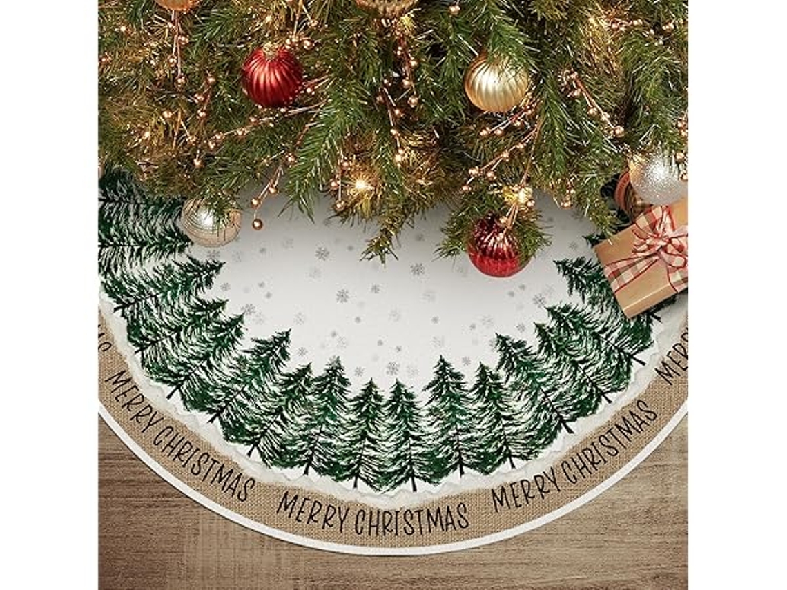 Falda navideña elegante con estampado de pinos y copos de nieve, 122 centímetros (48 pulgadas), ideal para decorar fiestas navideñas. STELASPLEN