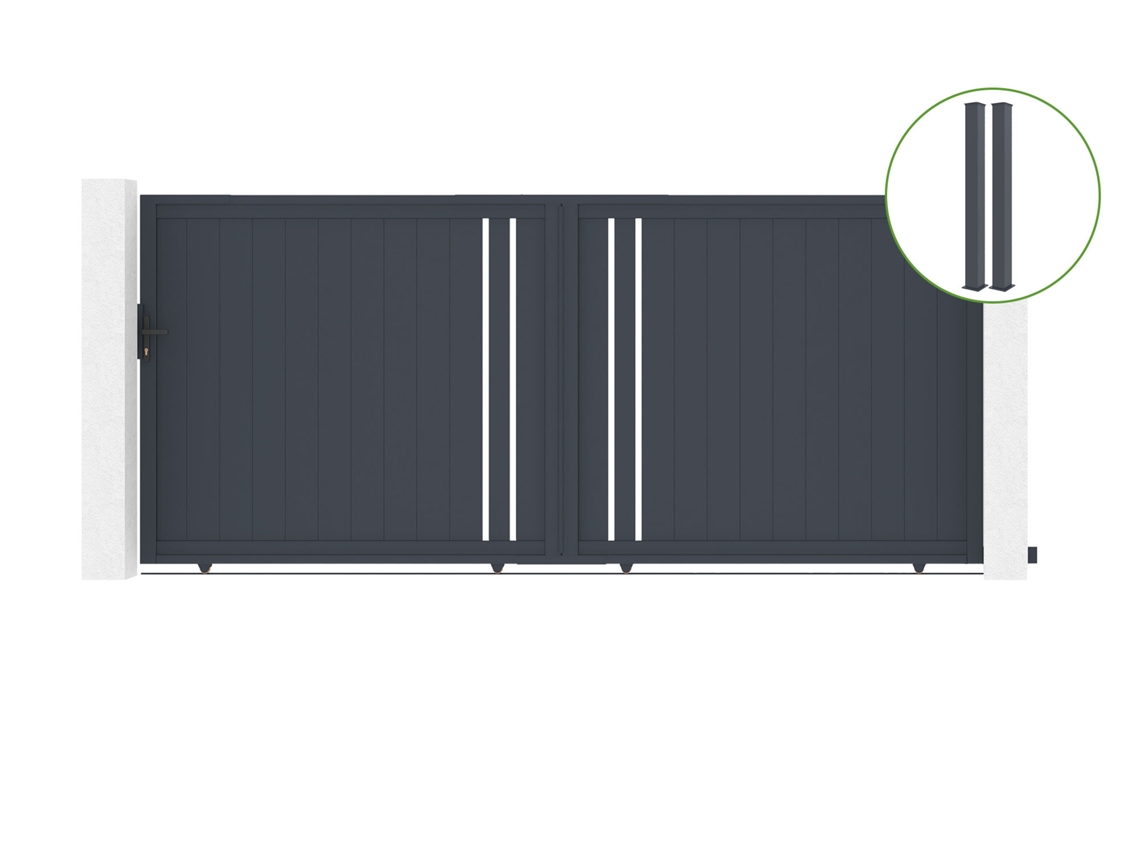 Puerta corredera 4m GIONA H.180cm aluminio 2 postes EIFEL 15x15cm H.190cm GRIS CASANOOV