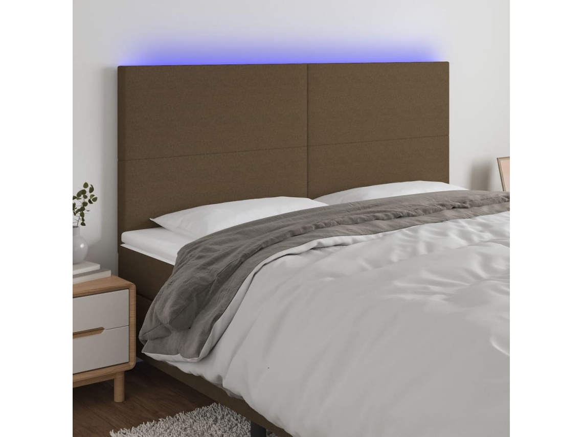 Cabecero De Cama | Panel De Cabecero Con Luces Led Tela Marrón Oscuro 180x5x118/128 Cm