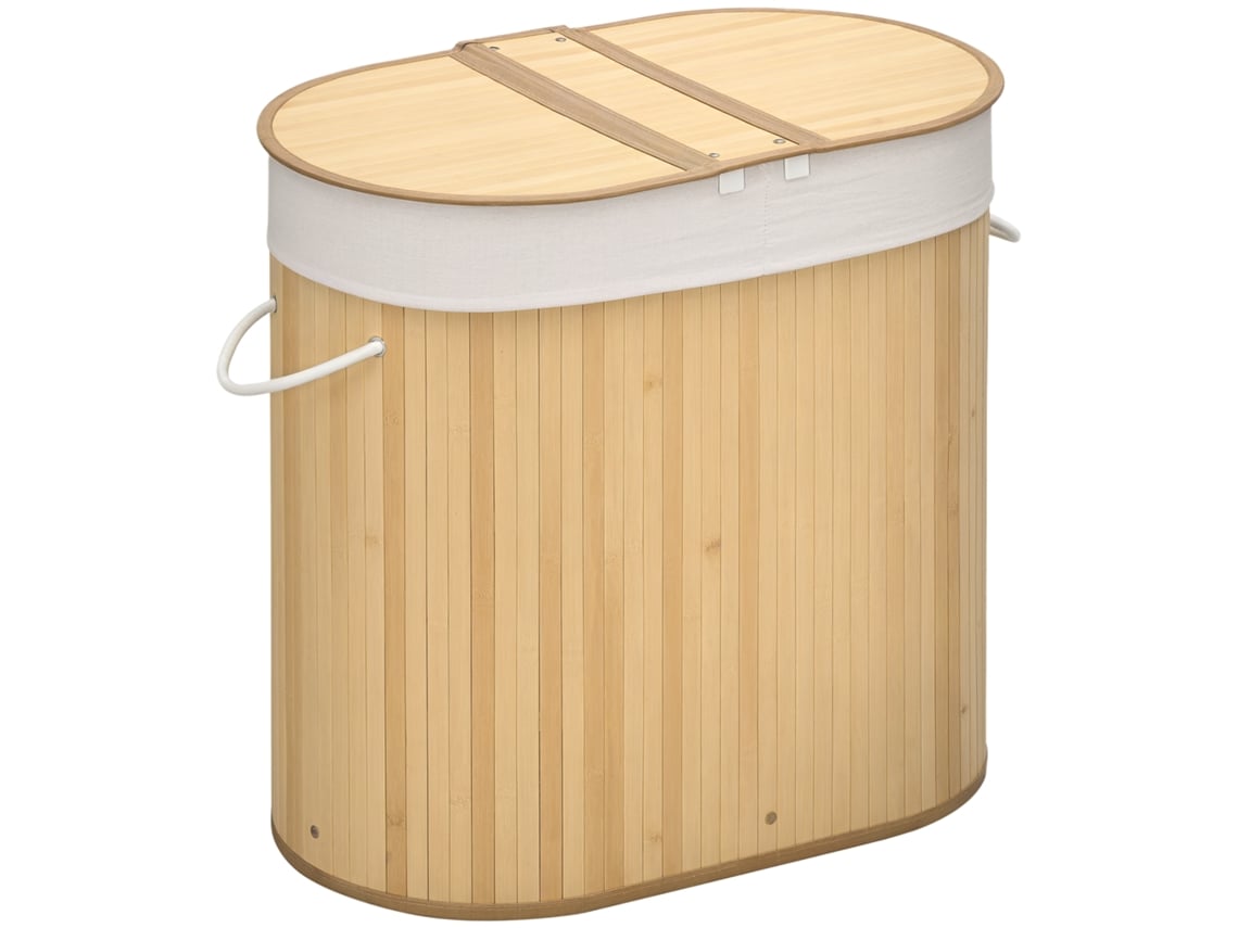 Cesto De Ropa De Bambú, 100 L, 2 Compartimentos, Bolsa Extraíble Lavable, 62,5 X 37 X 60,5 Cm, Acabado Natural.