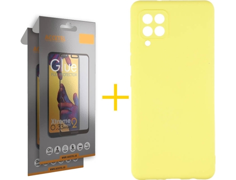Carcasa y 2 Protectores de Pantalla de Vidrio Full Samsung A42 5G ACCETEL Silicona Líquida Amarillo