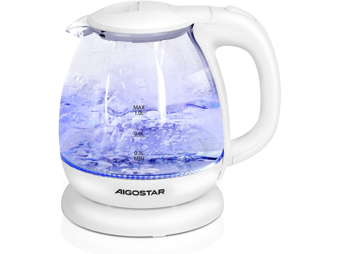 Hervidor eléctrico Aigostar Elvin, vidrio de borosilicato, 2200 W, iluminación LED, capacidad de 1 l, protección contra ebullición en seco, sin BPA