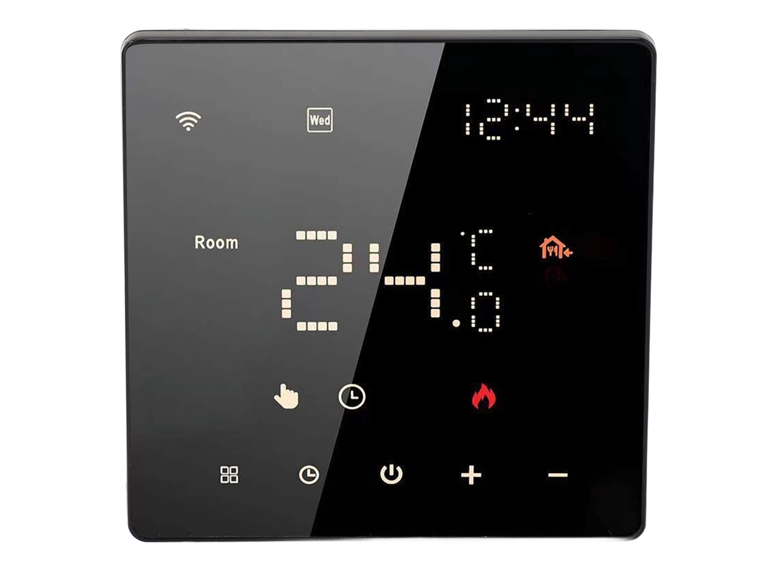 Termostato inteligente para el hogar con aplicación y pantalla digital.