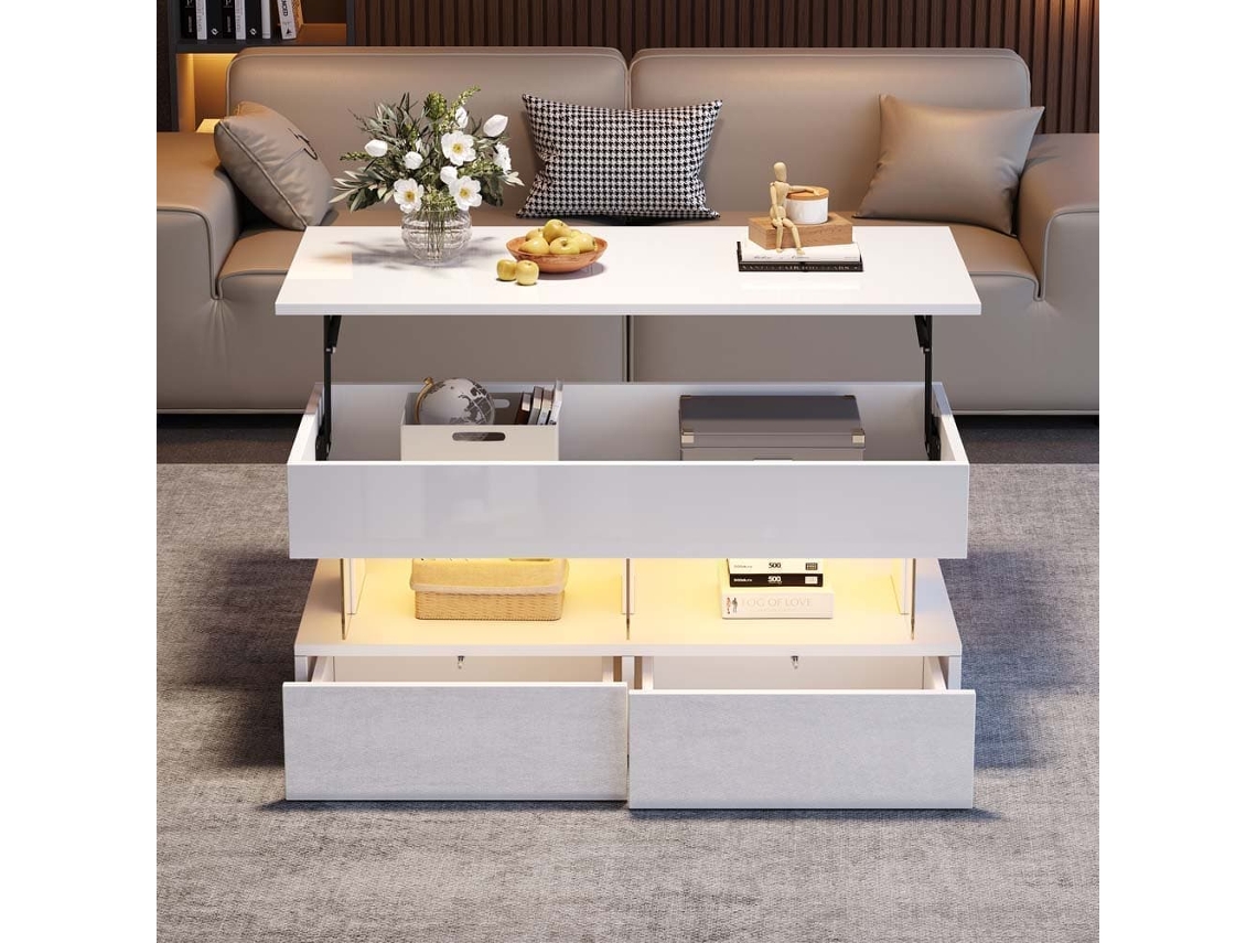 Mesa De Centro Elevable 100x50x46 Cm - Sofá Con Mesa Ajustable, Almacenamiento Oculto, Led, 2 Cajones - Blanco