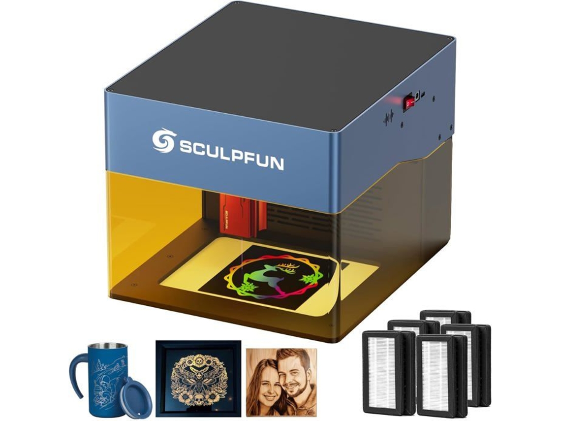 Grabador láser SCULPFUN Icube Pro Max de 10 W con alarma de temperatura de filtro de humo y 5 juegos de almohadillas de filtro