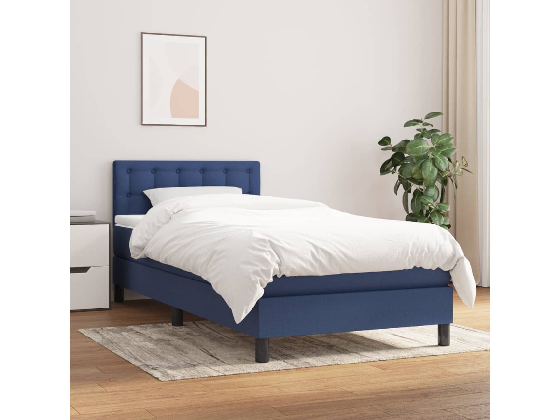 Cama Box Spring Con Colchón Tela Azul 90x200 Cm