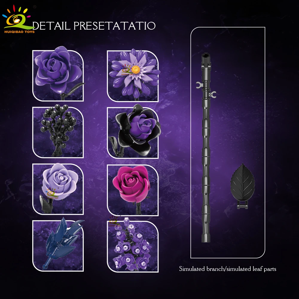 Conjunto De Blocos De Montar Moc Con Rosas Roxas Y Pretas Para Criar Un Buquê Preservado (faça Você Mesmo).