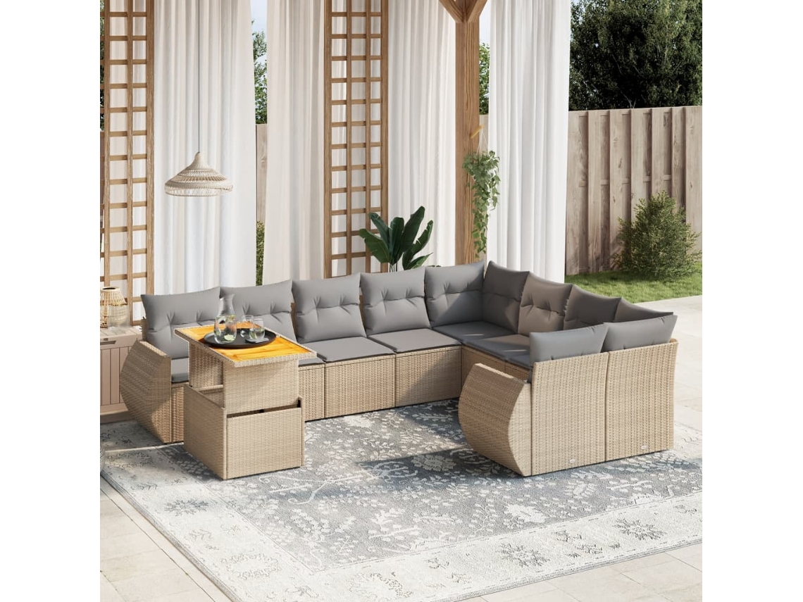 Conjunto de sofá de jardín de 10 piezas con cojines, mimbre sintético beige, Dkd Home Decor