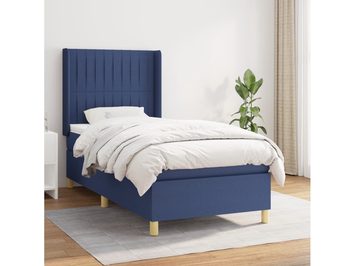 Cama Box Spring Con Colchón Tela Azul 100x200 Cm