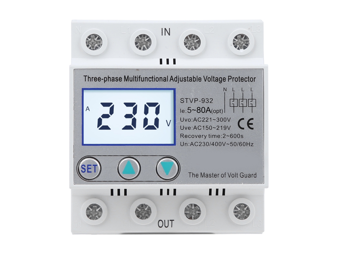 Protetor De Tensão Ajustável Trifásico Lcd Auto-resetável Stvp-932 230v 400vac 50a