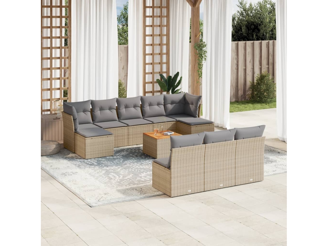 Conjunto de sofá de jardín de 11 piezas con cojines, mimbre sintético beige, DKD Home Decor