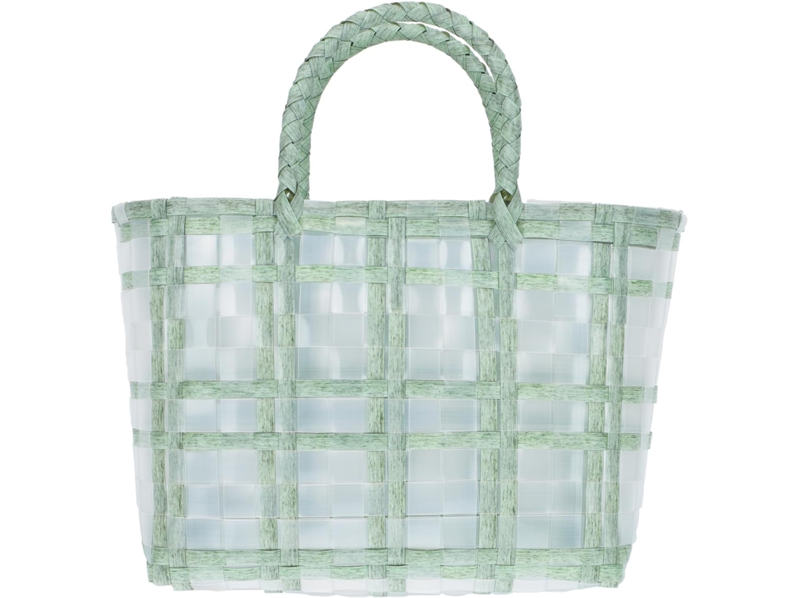 Bolso De Mano De Plástico Verde Tejido De Gran Capacidad Con Asa Cómoda Para Verduras Y Playa.