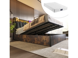 Cama Metálica De 160x200 Cm, Colchón De 720 Muelles, Control Por App Led, Usb, Almacenamiento Hidráulico, Base De Lamas De Madera, Cabecero, Gris