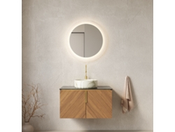 Mueble De Baño Suspendido, 76 Cm, Lavabo De Piedra Blanca, Encimera Negra.