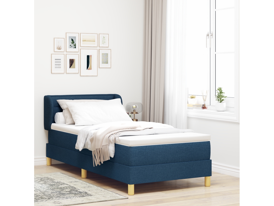 Cama Box Spring Con Colchón Tela Azul 90x190 Cm