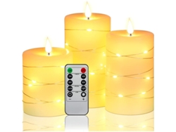 Velas Led Integradas Com Controle Remoto De 10 Botões, Temporizador 24h E Chama Dançante, 3 Unidades De Cera Real Cor Marfim