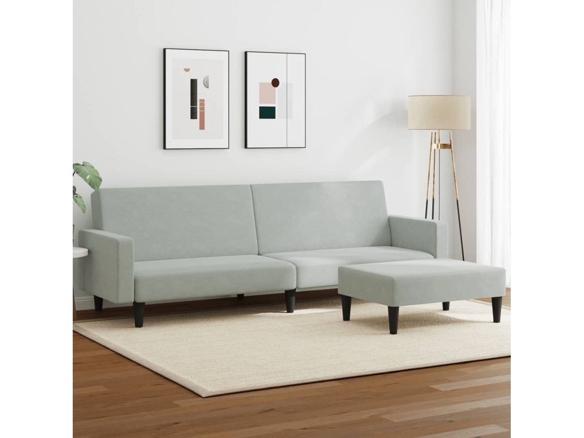 Sofá Cama De 2 Plazas Con Taburete Terciopelo Gris Claro