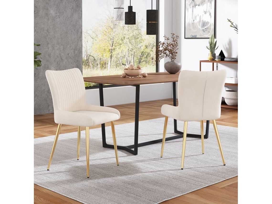 Juego De 2 Sillas De Terciopelo - Con Patas De Metal Dorado - Beige