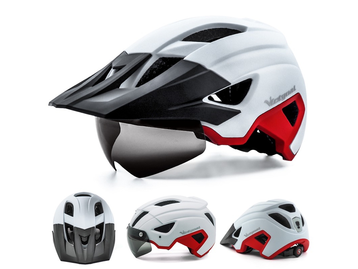 Casco de bicicleta, visera solar y gafas, recargables. Mdug (blanco/rojo, talla 57-61 cm)