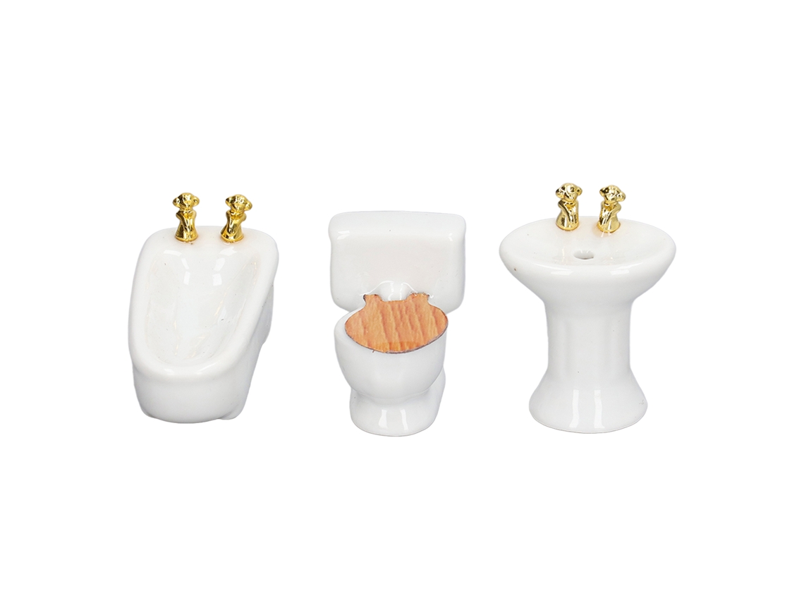 Conjunto Banheiro Miniatura Casinha Boneca 1/24 Cerâmica Branco Banheira Toalete Pia 3 Peças