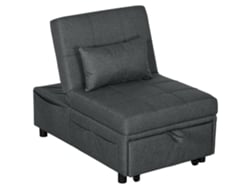 Sillón cama individual con respaldo ajustable, asiento tapizado y almohada, color gris.
