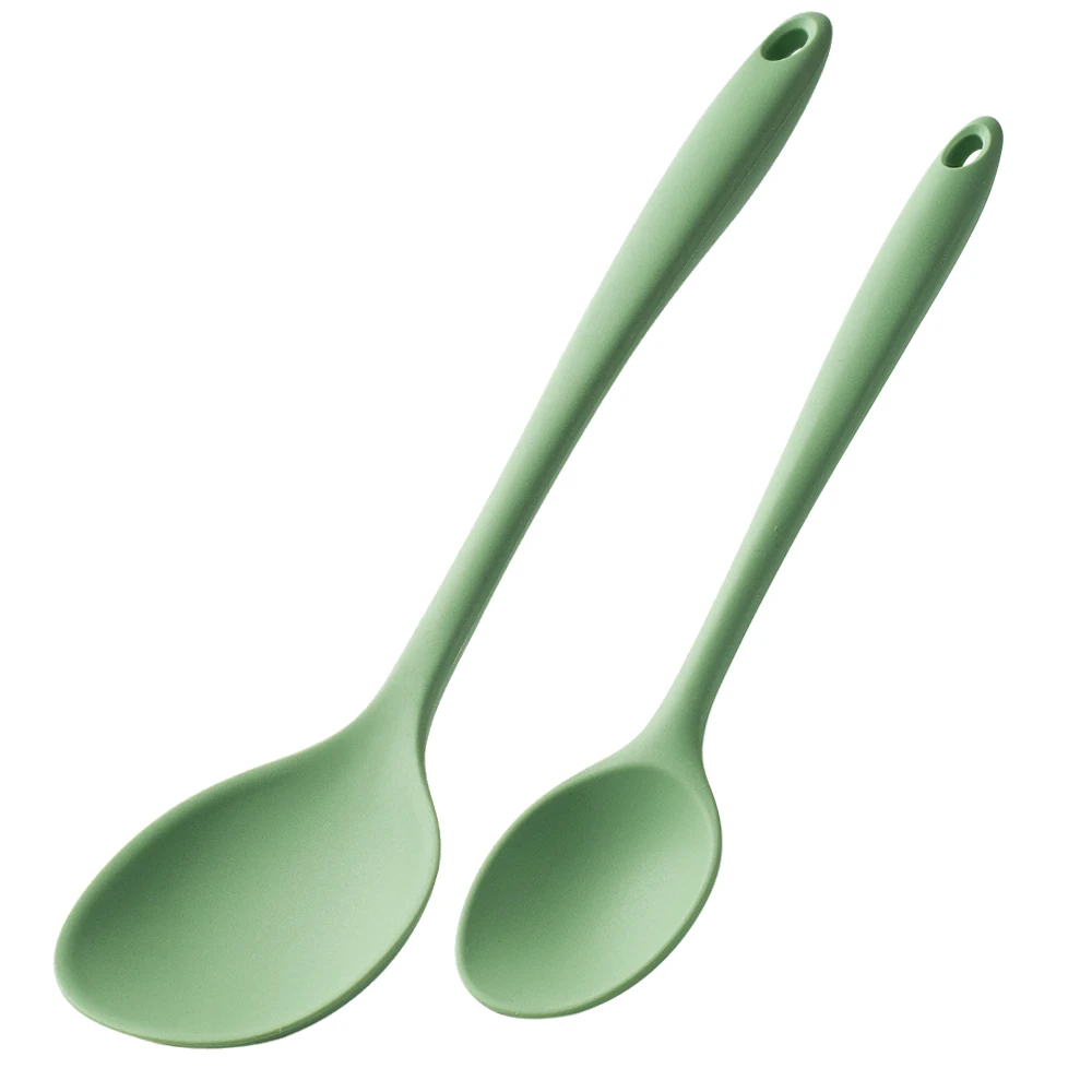 (Juego de 2 piezas verde) Cucharas de sopa de silicona, antiadherentes y resistentes al calor, con mangos largos, ideales para cocinar en casa.