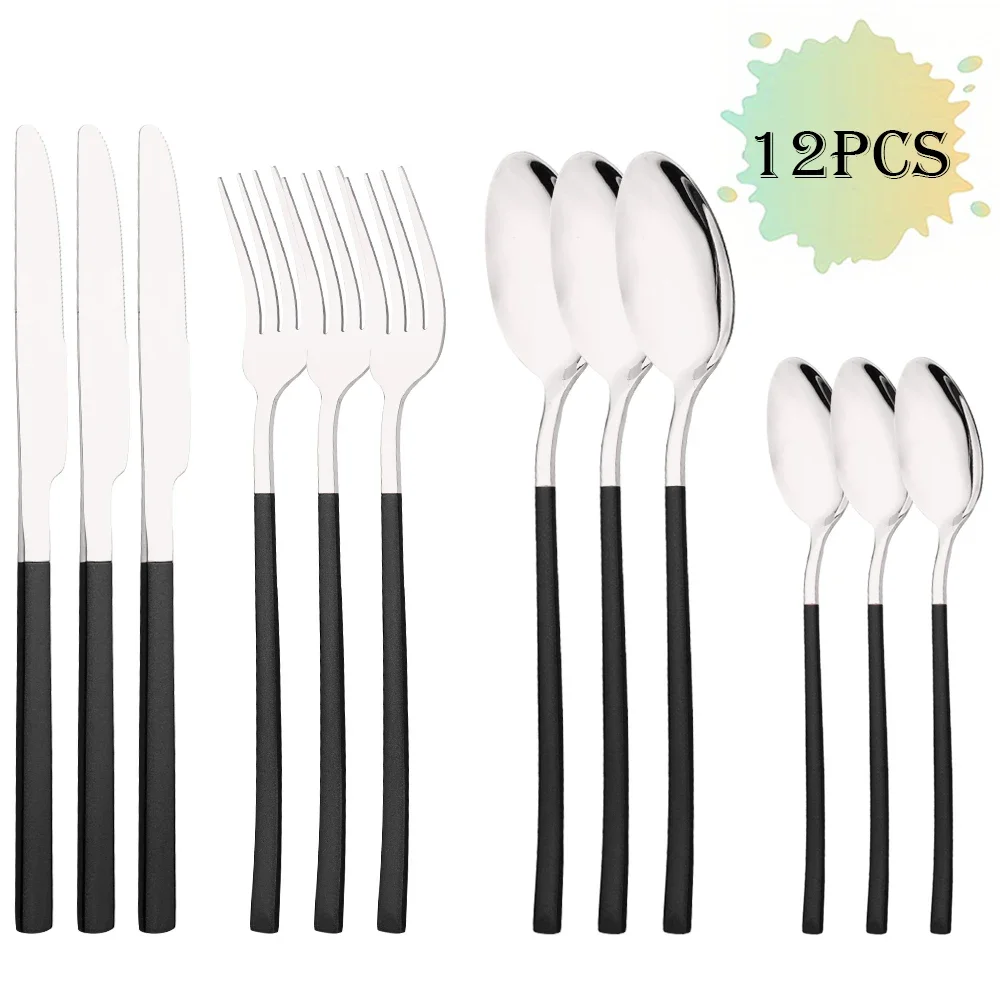 (juego De Cubiertos De Acero Inoxidable De 12 Piezas, En Color Negro Y Plateado, Que Incluye Cuchillo, Tenedor Y Cuchara De Café)
