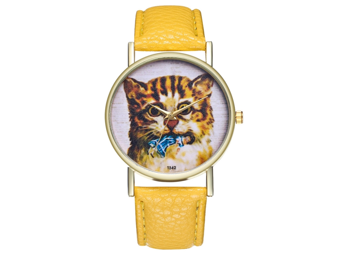 Reloj De Pulsera Para Mujer Zhoulianfa Con Estampado De Gato, Estilo Moderno, Correa De Piel Sintética Amarilla.