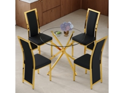 Conjunto de mesa y sillas de 88 cm: cristal templado, base en forma de cruz dorada + 4 sillas negras con borde dorado - negro/dorado/transparente
