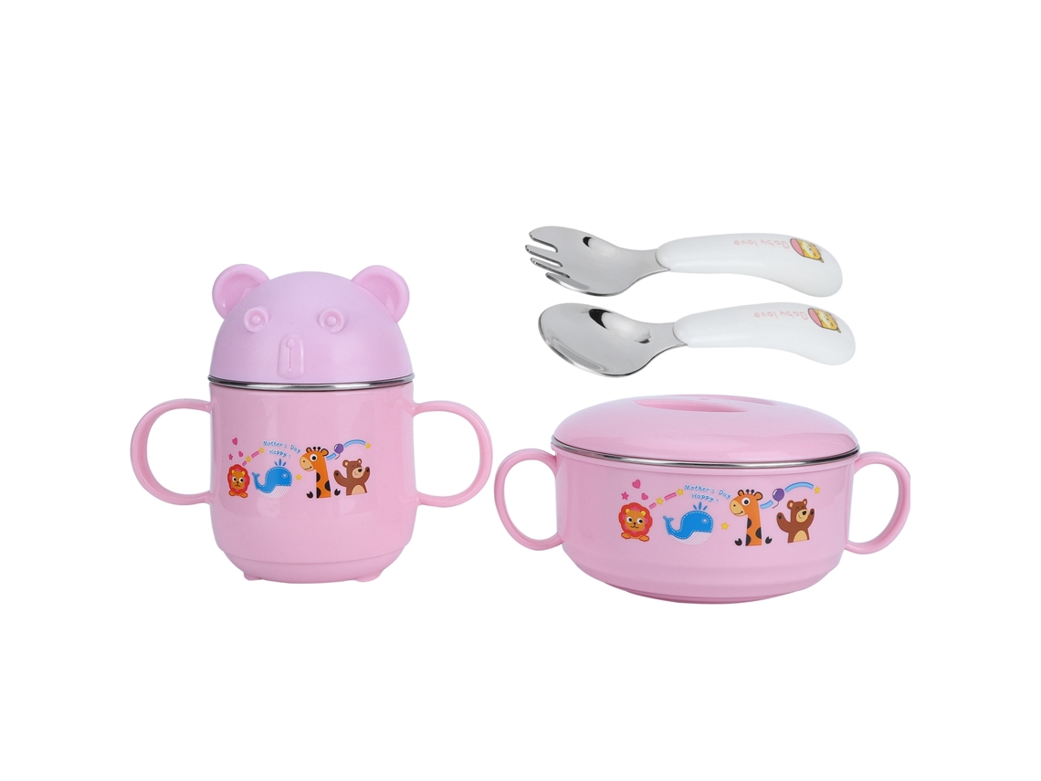 Juego de cubiertos infantiles de acero inoxidable con diseño de dibujos animados, tazón, taza, cuchara y tenedor con aislamiento térmico para niños.