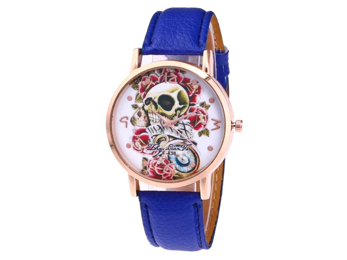 Reloj De Pareja Zhoulianfa F-436 Patrón Calavera Correa De Cuero Azul Quartz