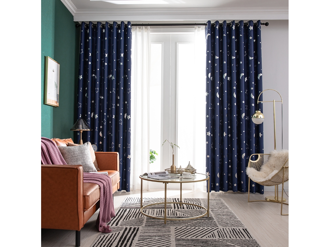 Juego de 2 cortinas opacas con diseño de estrellas y lunas plateadas, aislamiento térmico y bloqueo de luz, para dormitorio y salón (Portugal)