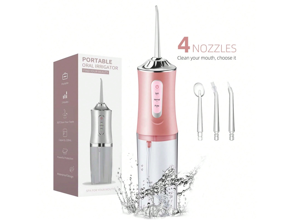 Irrigador Dental Eléctrico Rosa Con 4 Boquillas, 3 Modos De Limpieza, Usb Recargable E Impermeable