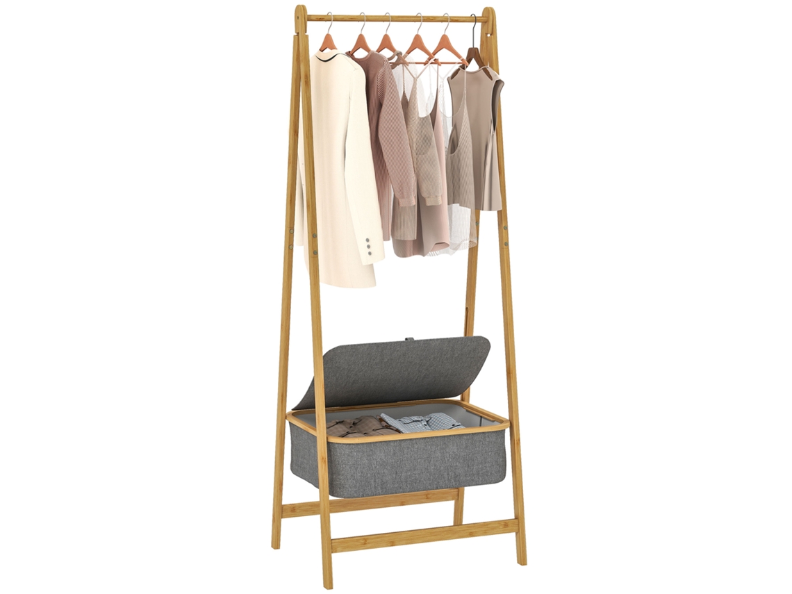 Cabideiro Bambu Dobrável Cesto Tecido Tampa Corredor Entrada Cinza 60x44x157
