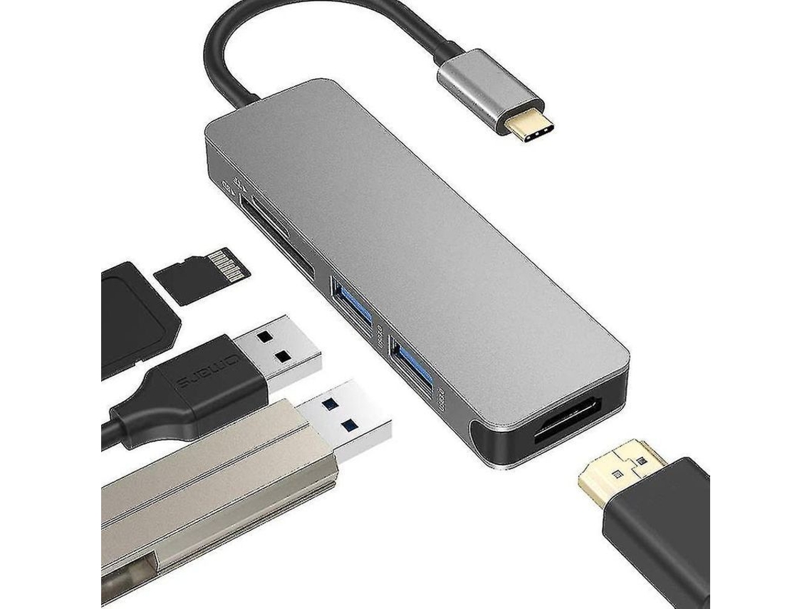 Hub Usb-c 5 En 1 Con Hdmi 4k, 2 Puertos Usb 3.0 Y Lector De Tarjetas Sd/tf Gx